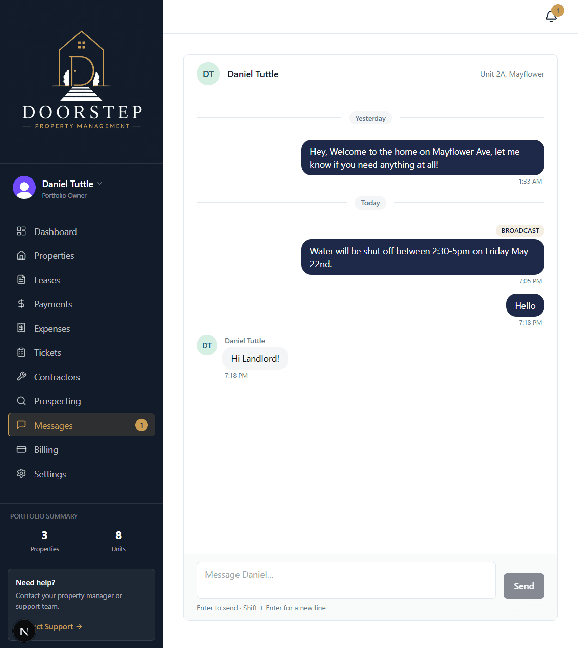 A Doorstep messaging thread showing a landlord-tenant conversation with a broadcast announcement inline.