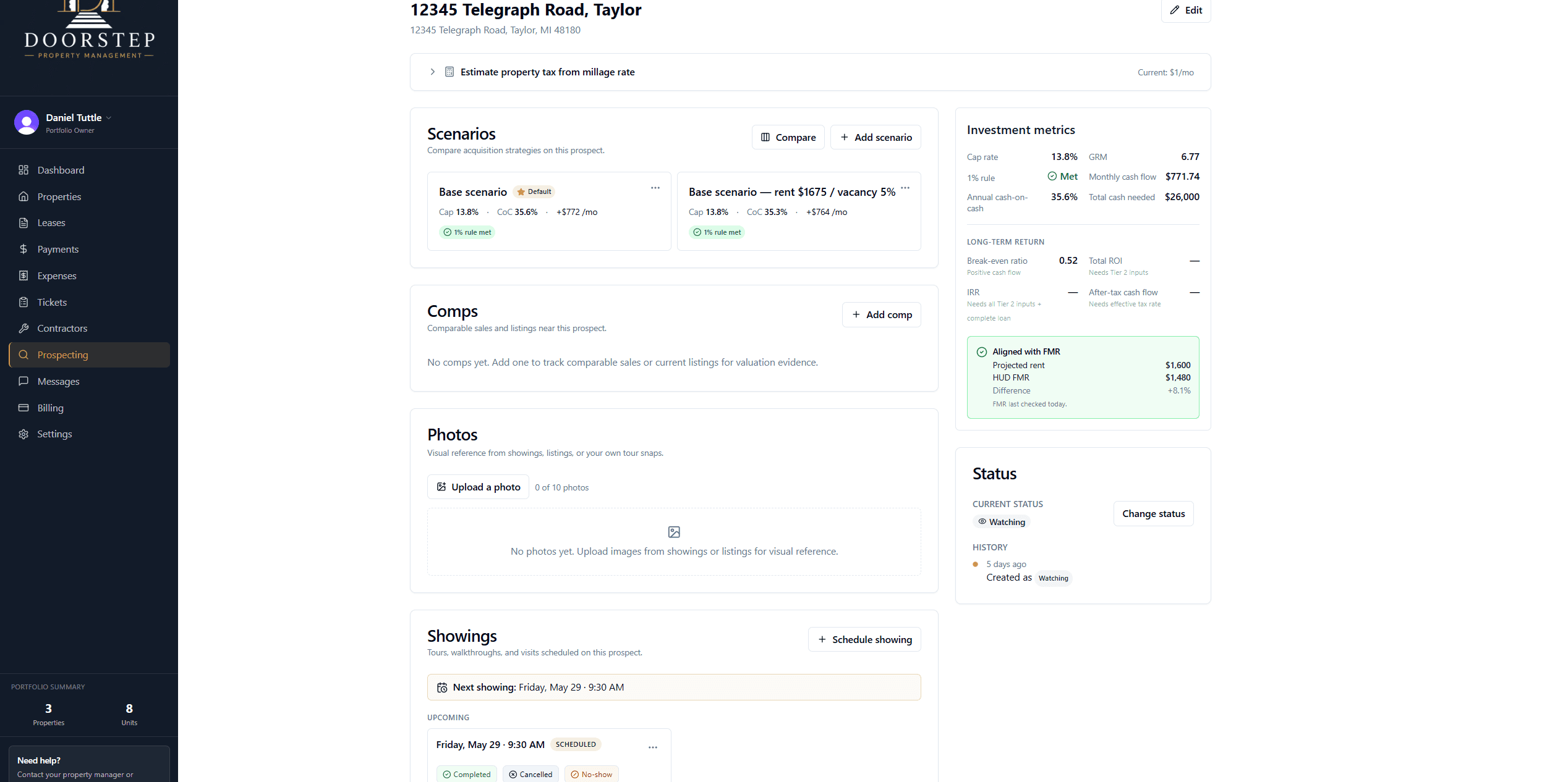 A Doorstep prospect detail page showing acquisition scenarios, comps, and live investment metrics.