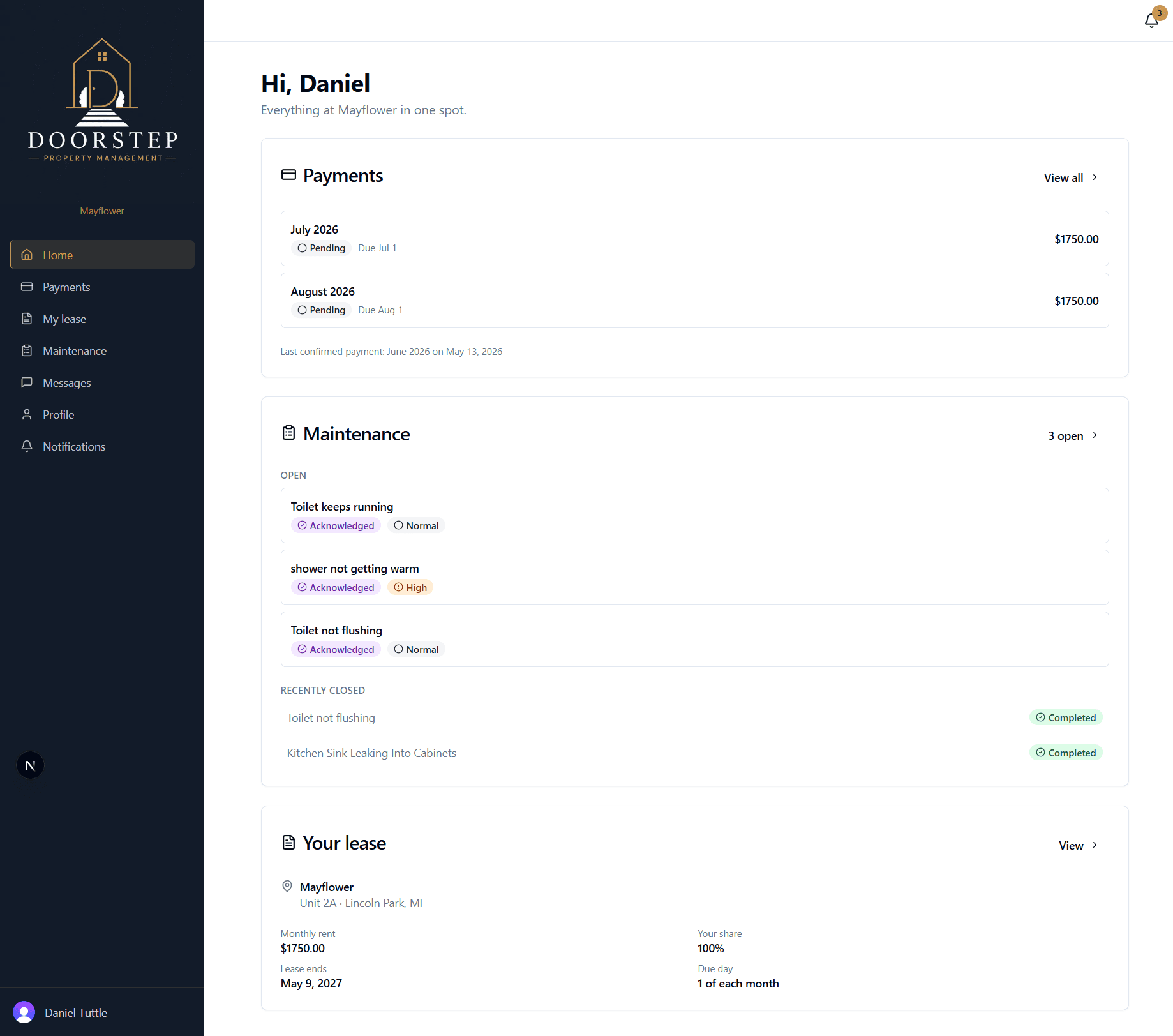 The Doorstep tenant portal showing recent payments and maintenance tickets.